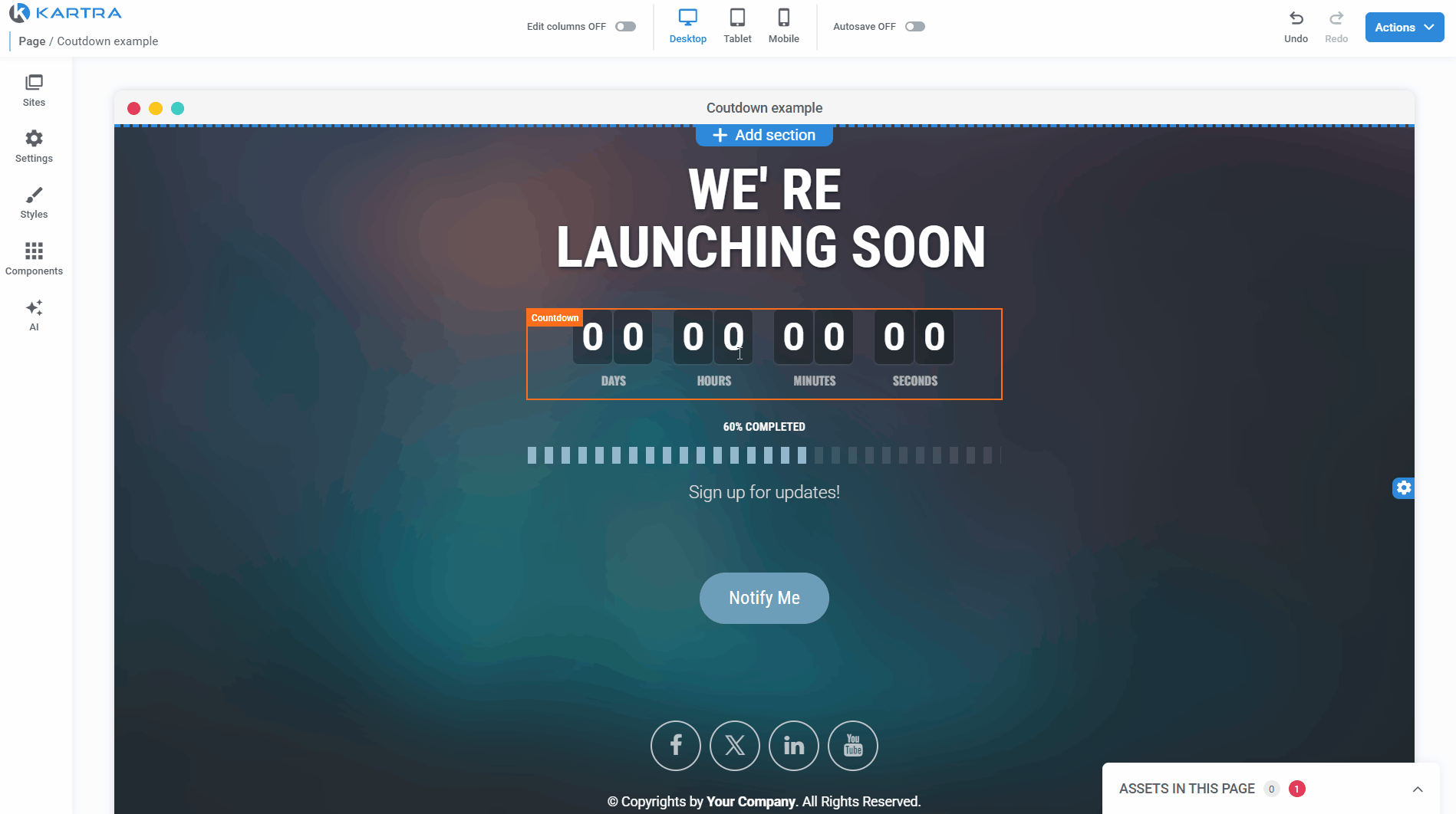 Countdown editing panel where the countdown ending type is selected and settings are applied