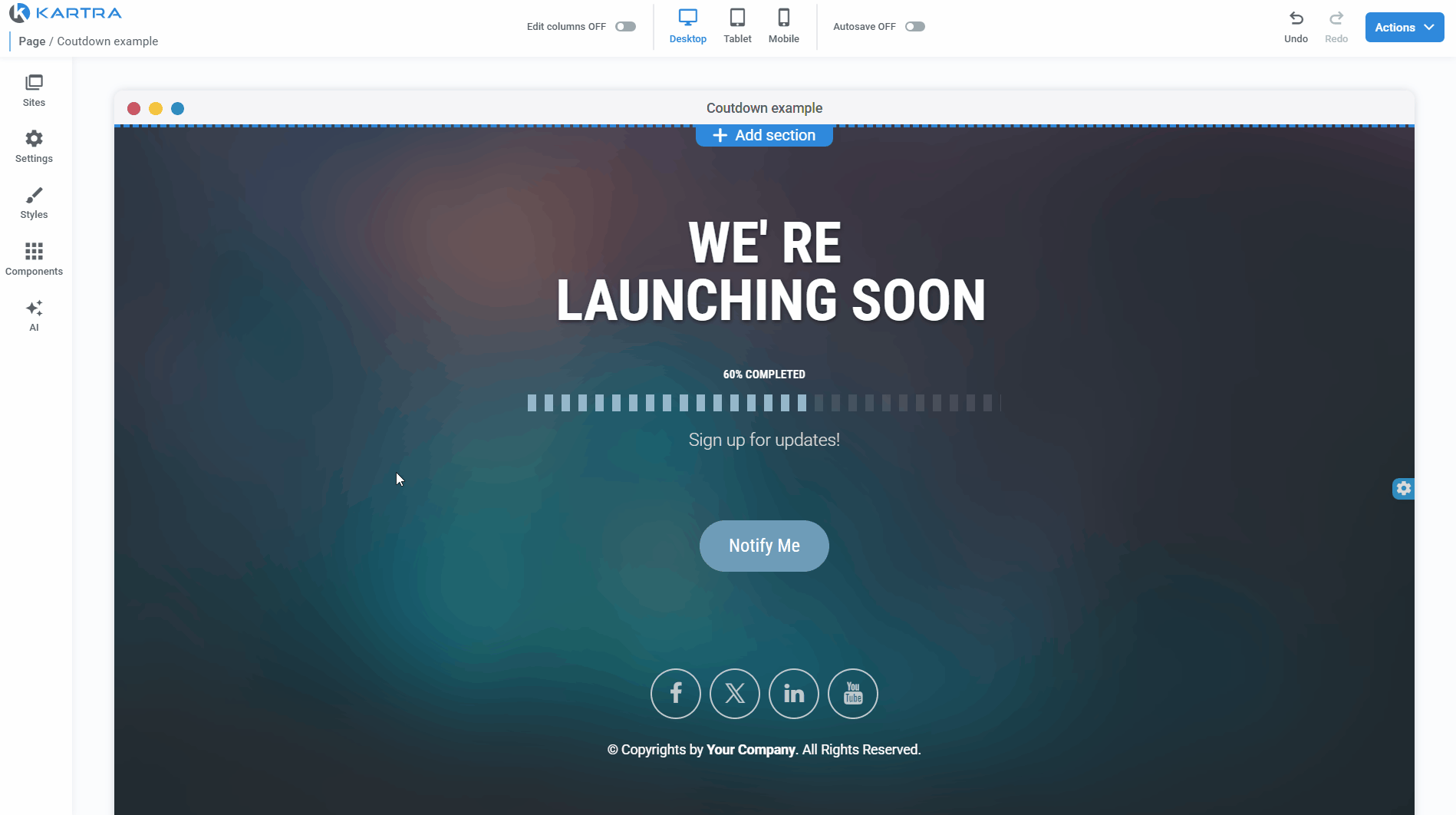 Page builder showing the Components panel open and a countdown widget being dragged onto a page