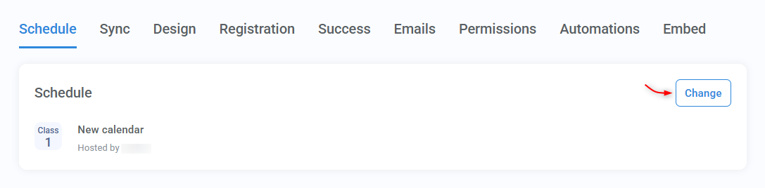 The Schedule tab in the Calendar wizard, highlighting Change button to edit the schedule. 