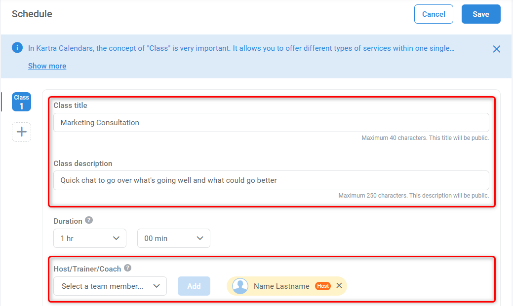 Calendar Schedule editing screen highlighting title, description, and host