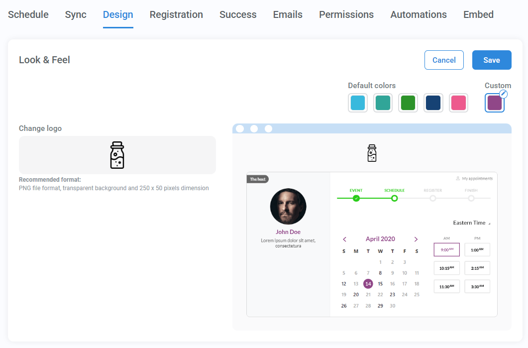 The Design tab of the calendar configuration wizard