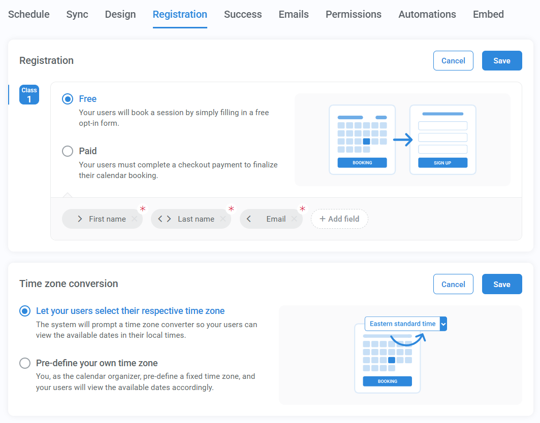 Registration tab of the calendar configuration wizard
