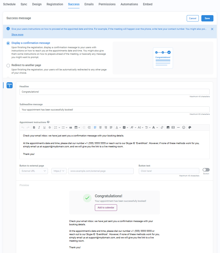 Success tab of the calendar configuration wizard