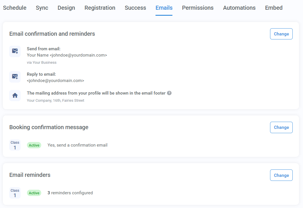 Email tab of the calendar configuration wizard