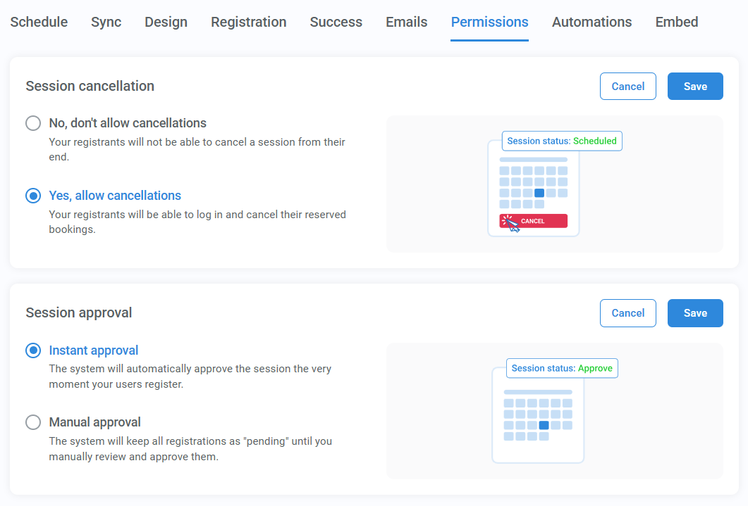 Permissions tab of the calendar configuration wizard