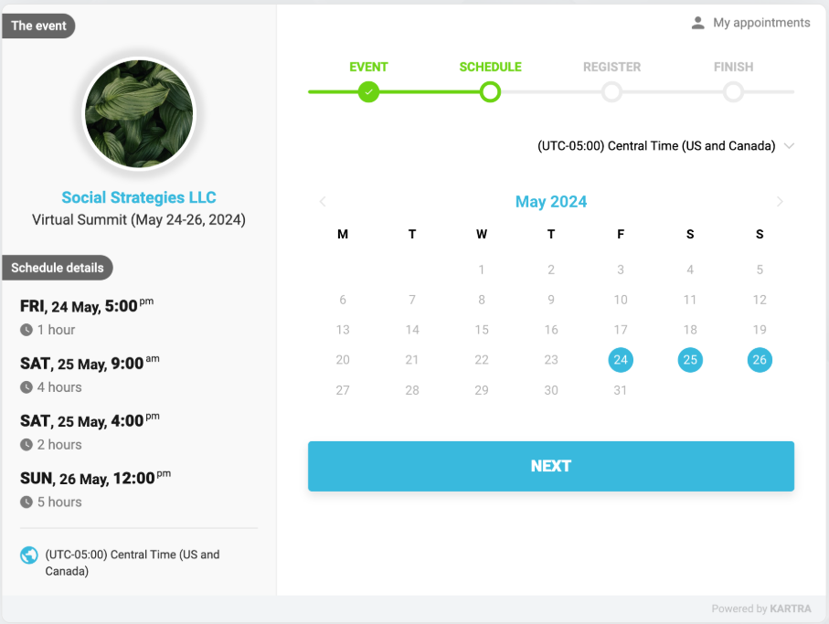 Live event model registration screen example