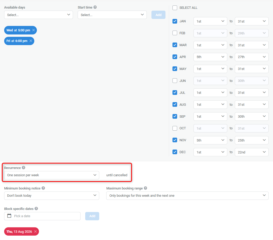 Recurrent model calendar availability configuration options in wizard