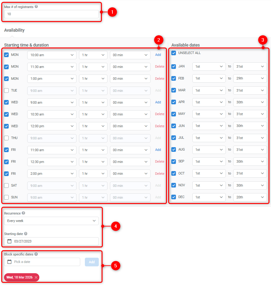 Gym model calendar availability configuration options in wizard