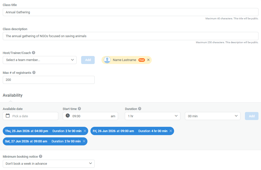 Live event model calendar availability configuration options in wizard