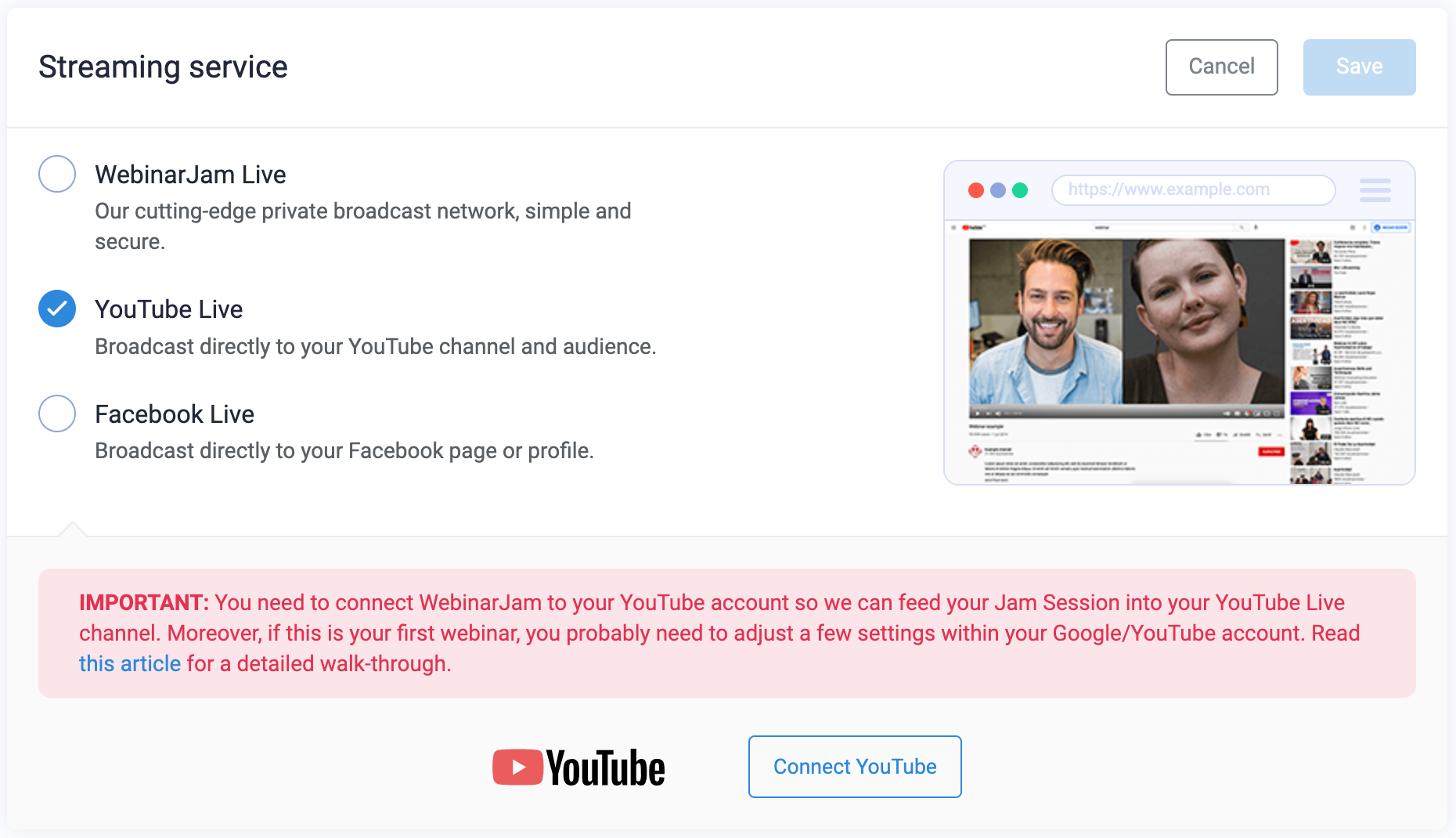 WebinarJam webinar configuration showing the Streaming service module with YouTube Live selected before connecting the account