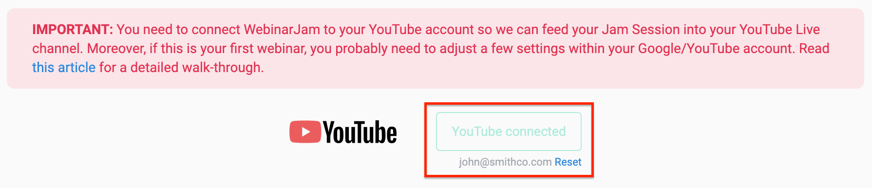 WebinarJam webinar configuration showing YouTube Live connected, with the authorized account email displayed