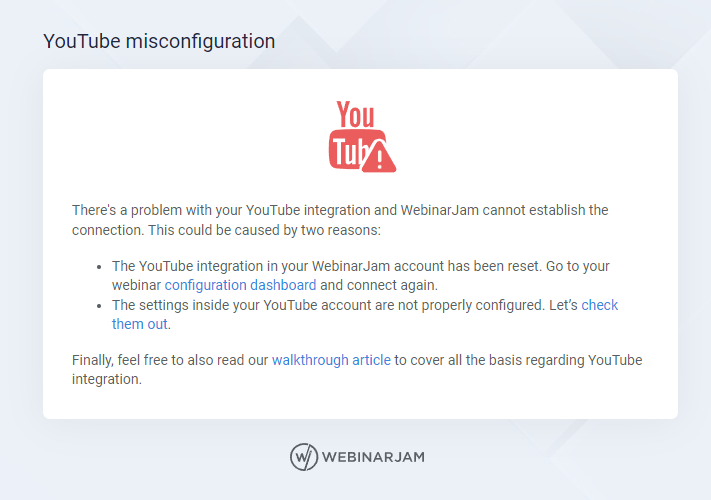 Error message in the WebinarJam live room indicating a YouTube misconfiguration