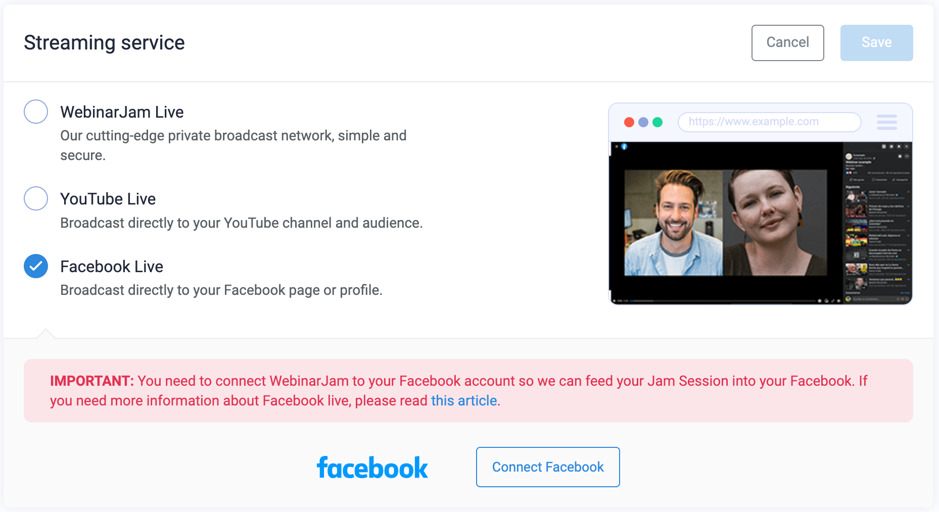 Facebook Live selection for webinar streaming