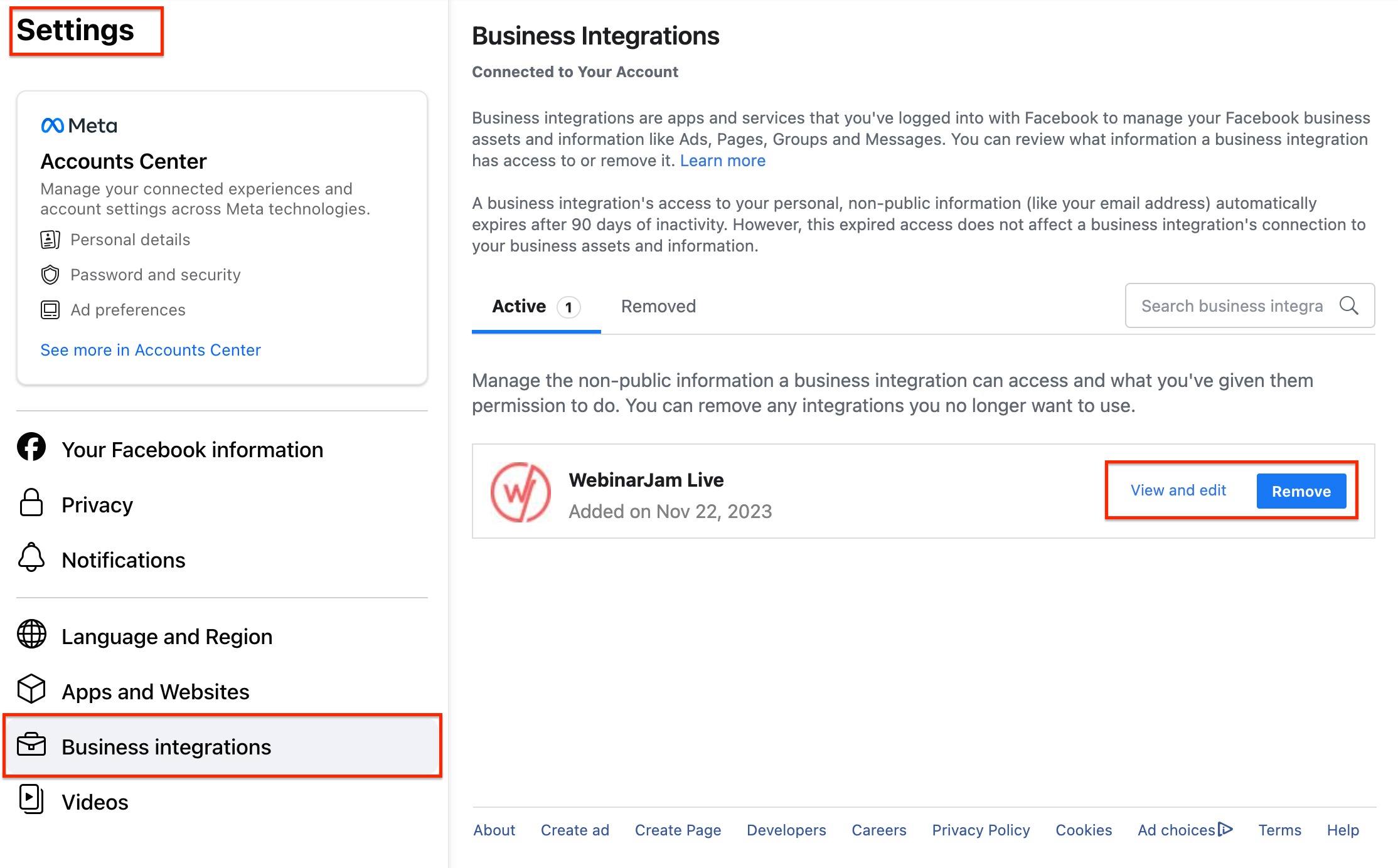 Facebook business integrations controls