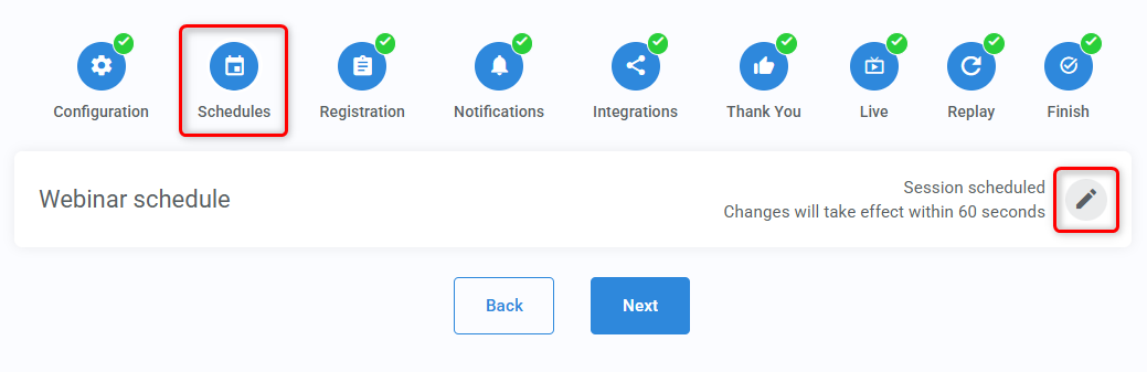 Schedules step of a webinar's configuration in WebinarJam 