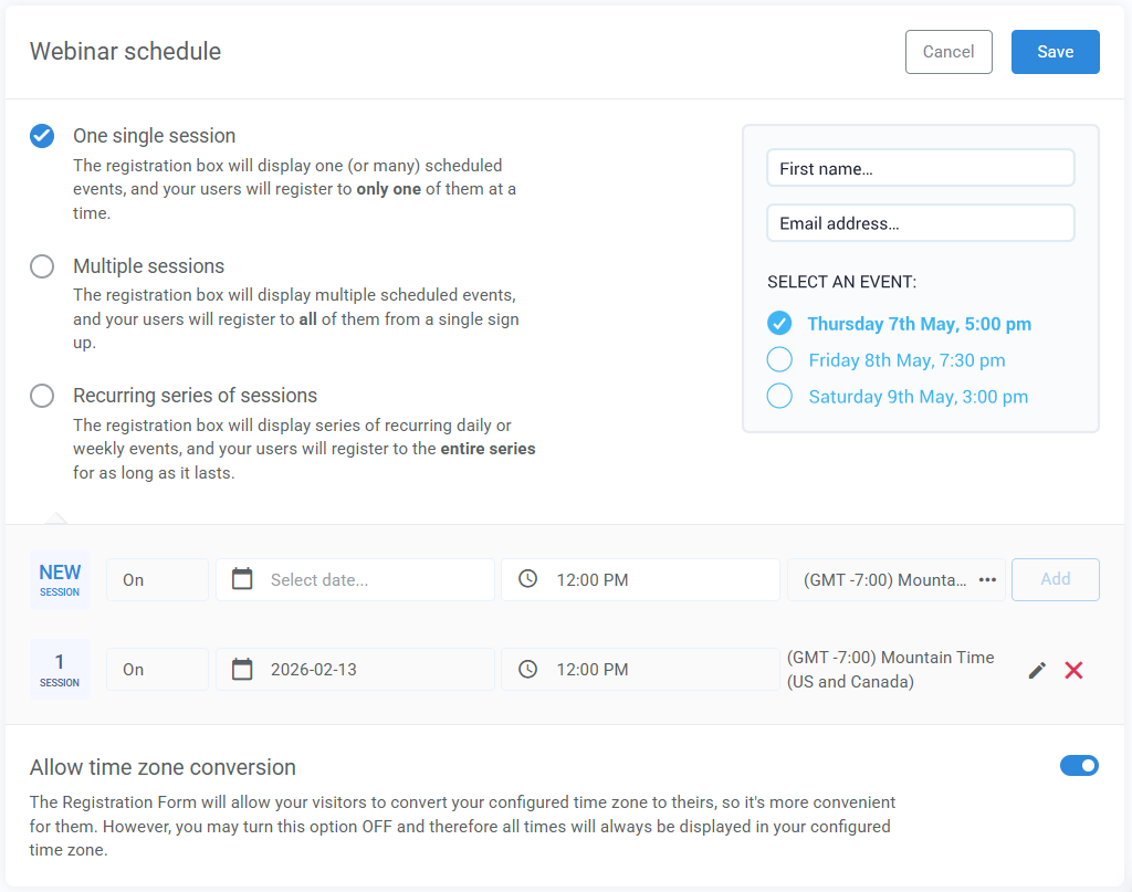 The Webinar schedule module in a webinar's configuration