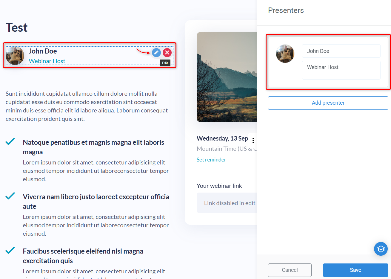 In-builder example of template that allows editing of the presenters component