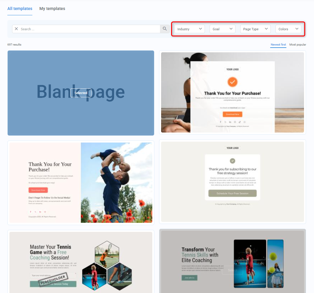 Page creation quick-start screen highlighting template filters