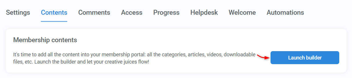 Contents tab highlighting the Launch builder button