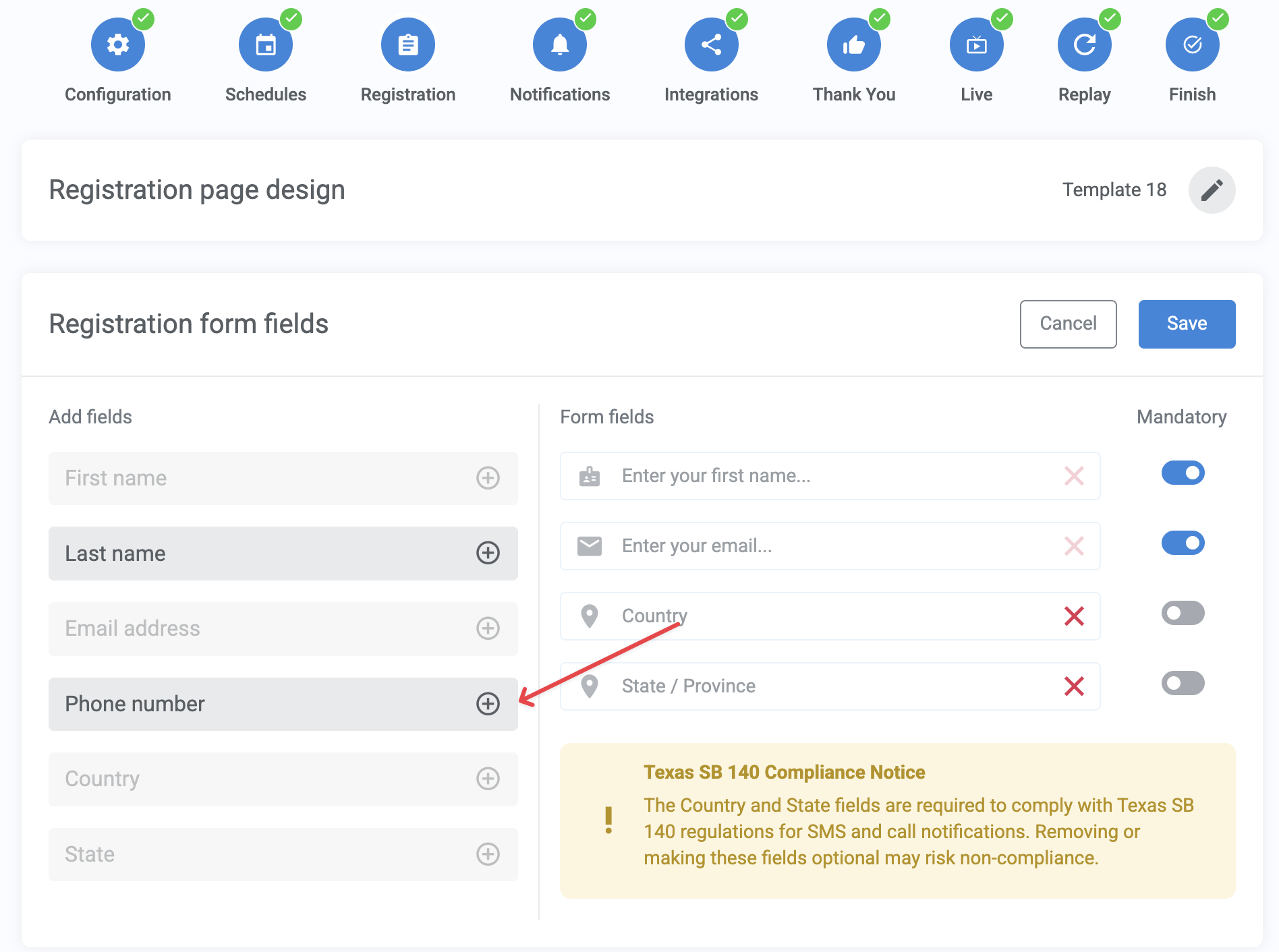 Phone number field on the registration form