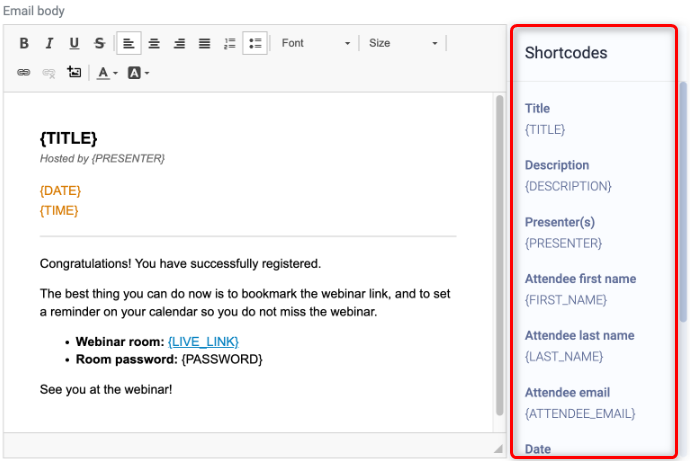 WebinarJam email editor highlighting shortcodes