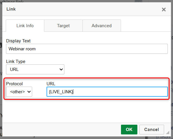 Hyperlinking window with correct value input for protocol and URL