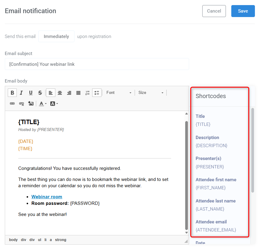 Email editor in WebinarJam highlighting Shortcodes panel