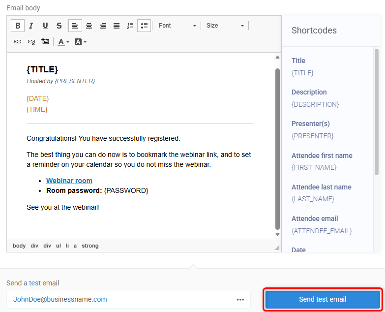 Send test email option highlighted in email editor.