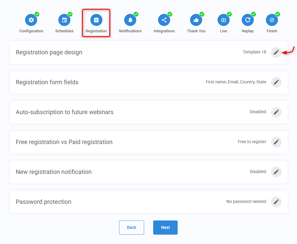 Webinar full configuration highlighting the Registration step and Registration page design module.