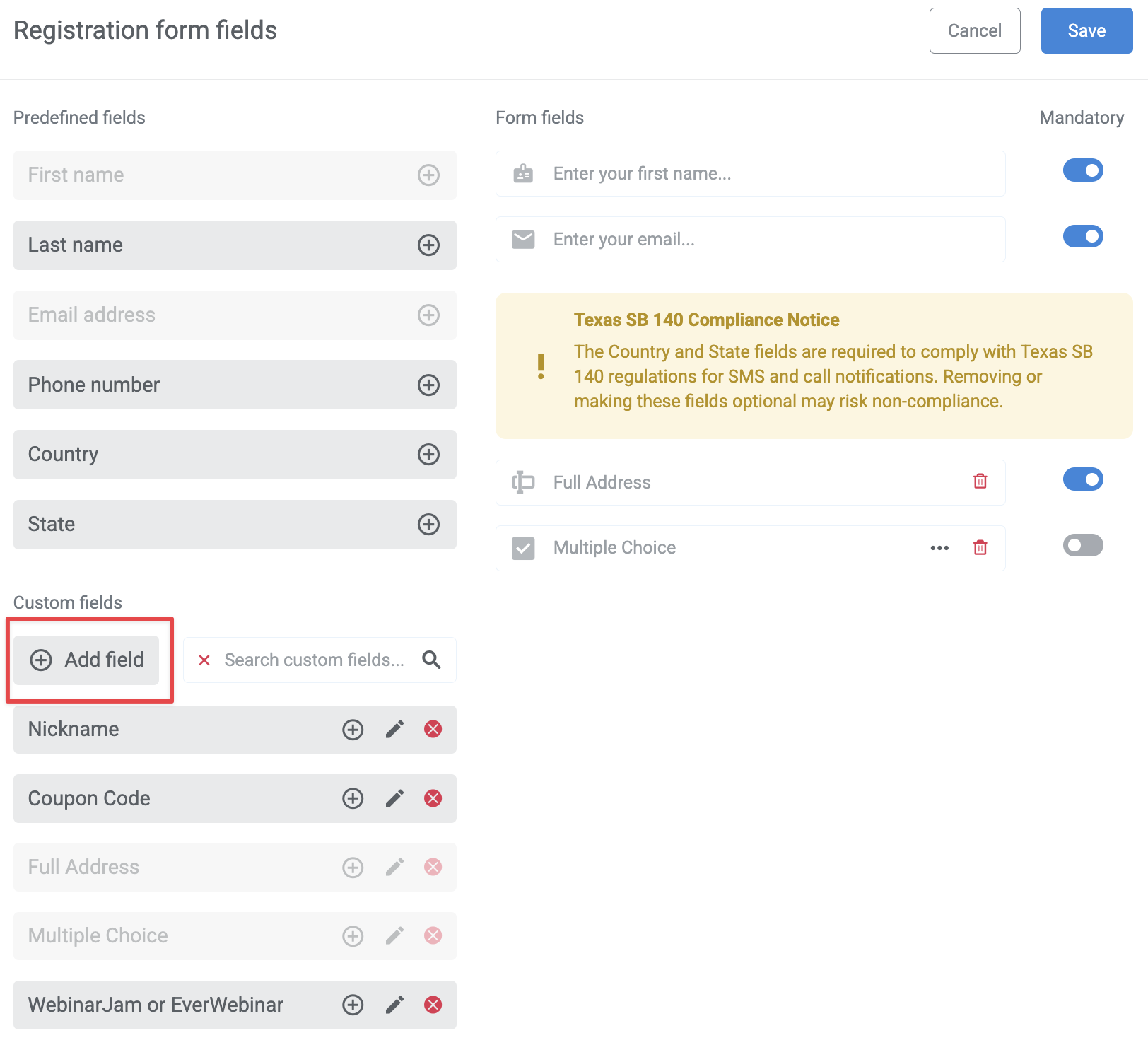 Add a custom field under Registration tab