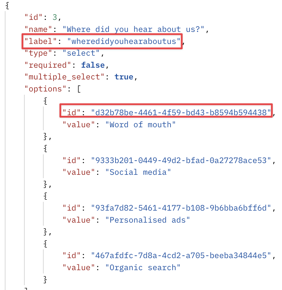 Label and ID for custom fields
