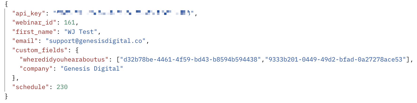 API register call with two custom fields