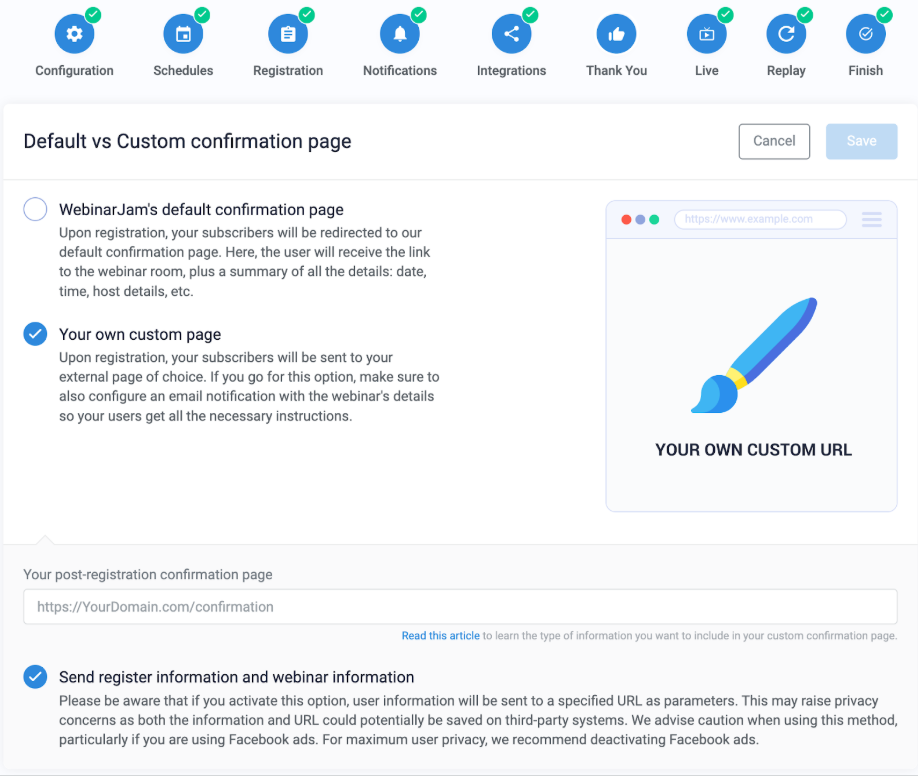 Default versus custom confirmation page module