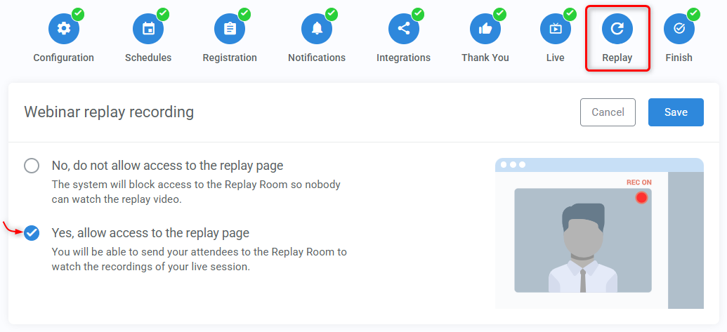 Replay step in webinar configuration wizard.