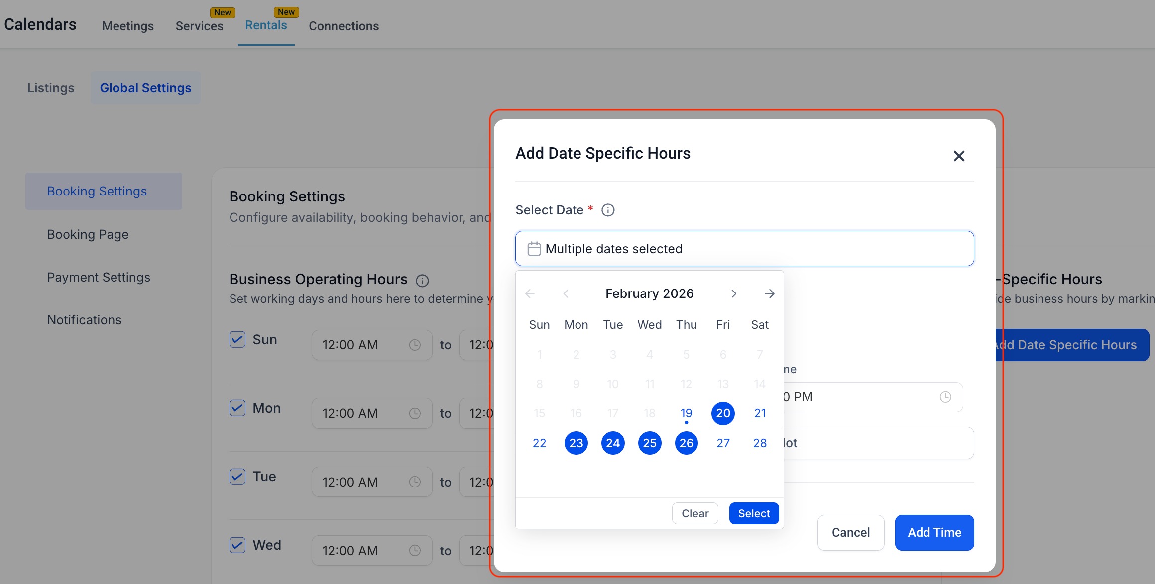 Adding Date Specific Hours for Rentals