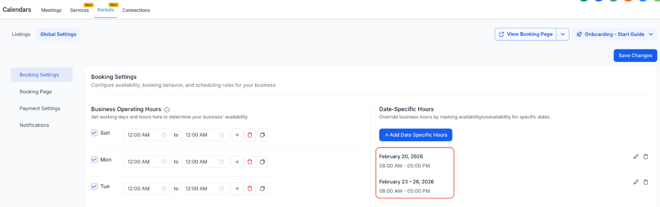 Rentals Date specific hours added