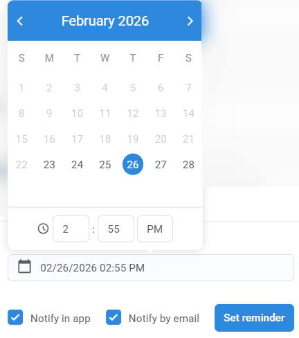 Reminder setup window with date and time selector and notification options