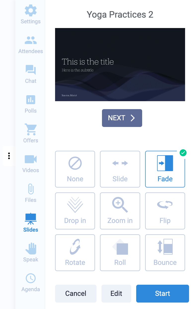 Slides option in live broadcast