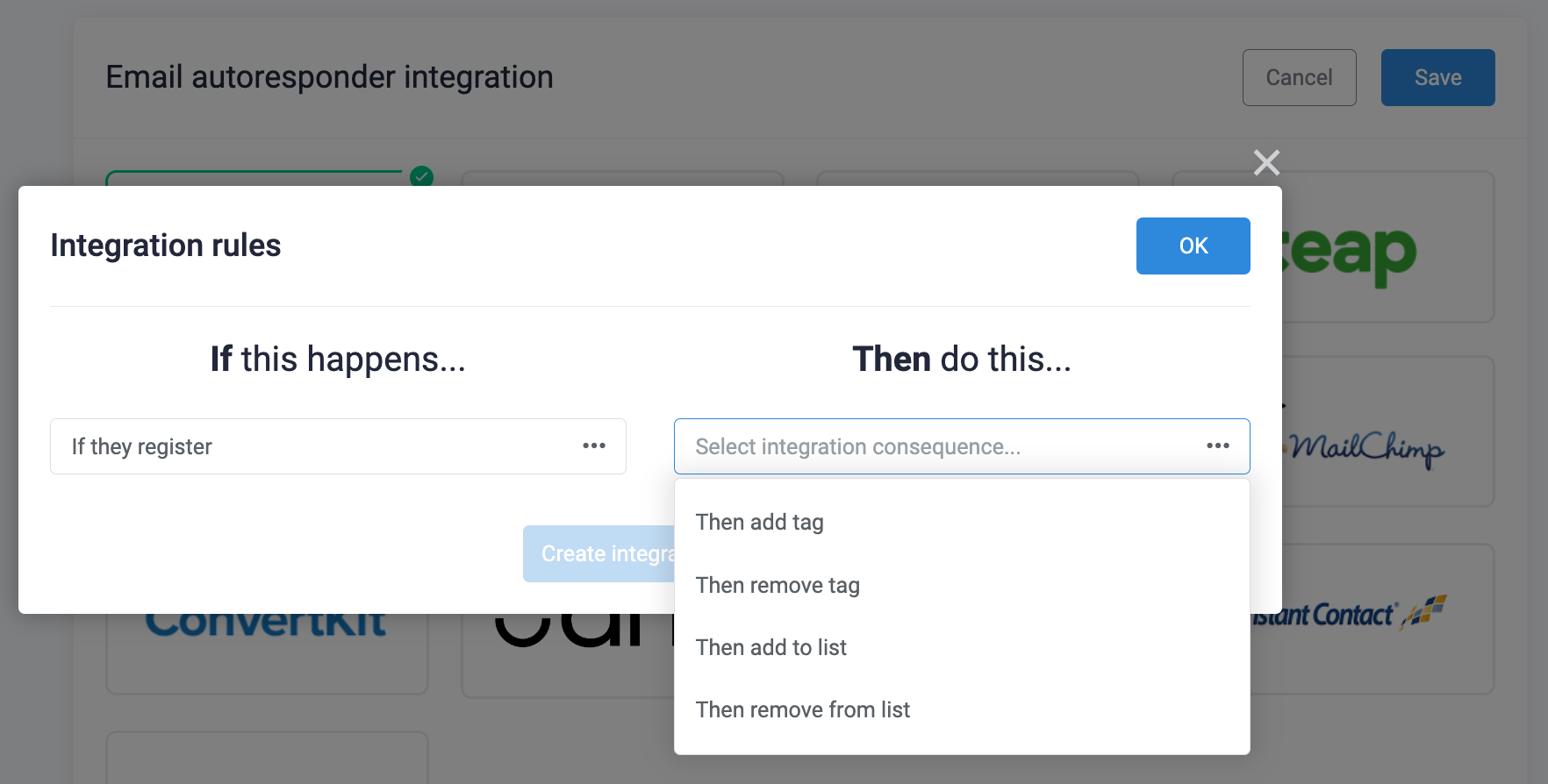 Autoresponder integration rules