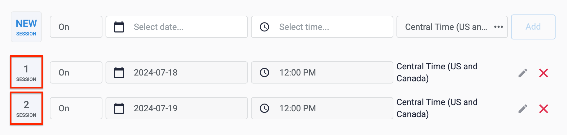 Session numbers are the schedule ID number