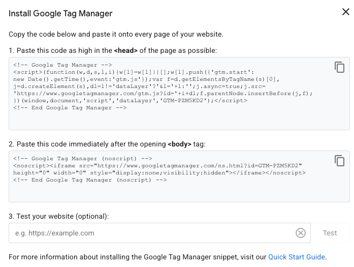 Google tag manager container code