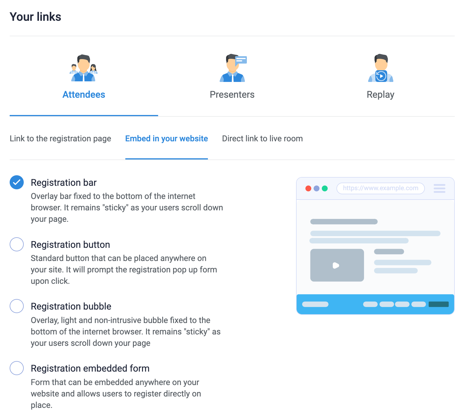 Registration embed code elements
