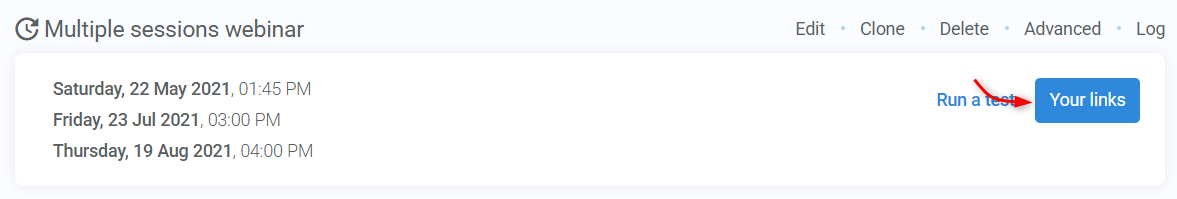 Webinars dashboard highlighting Your links button