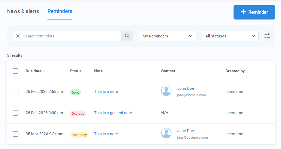 Reminders dashboard showing upcoming and overdue reminders