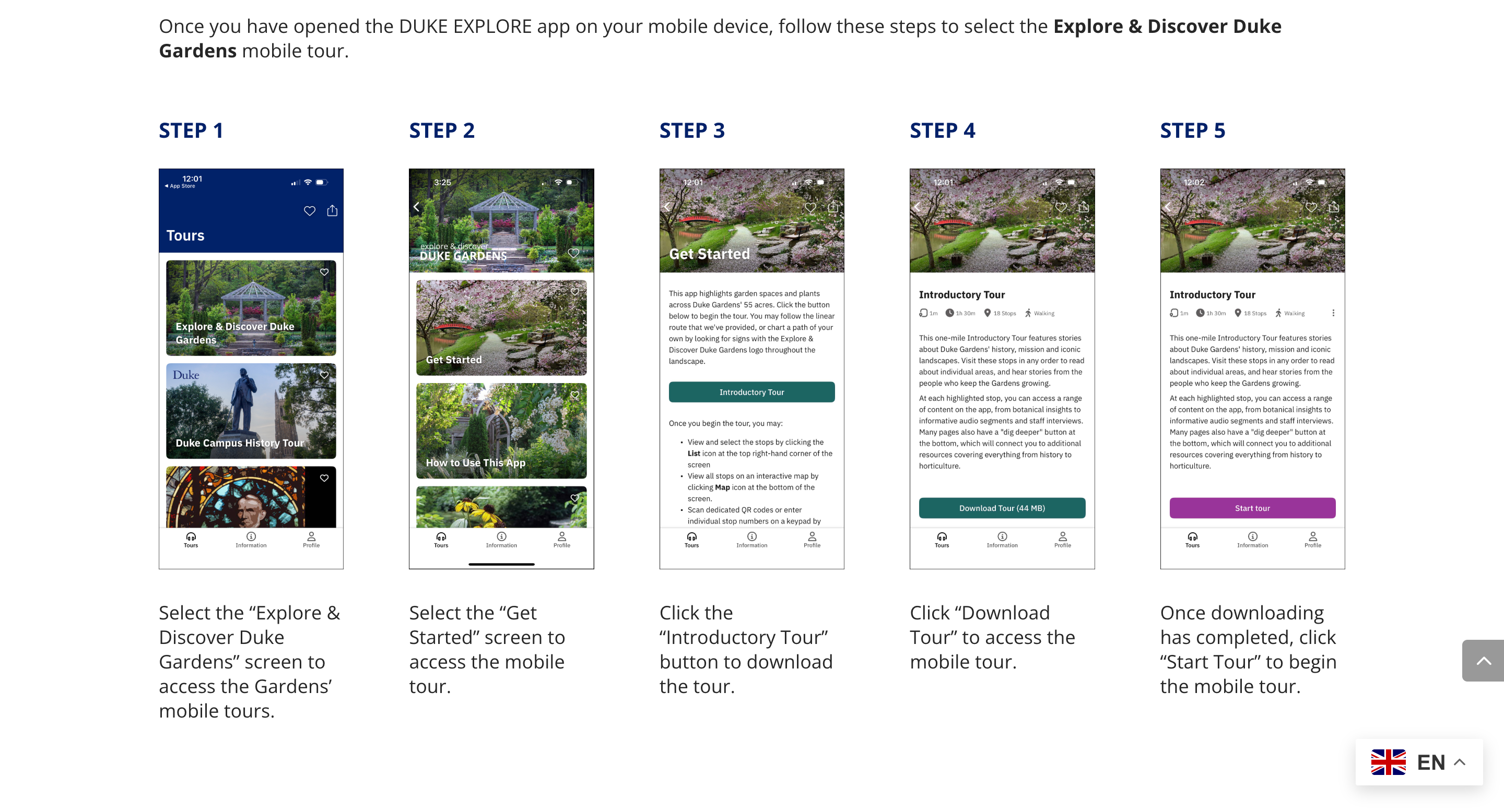 Screenshot showing the step-by-step visual instructions for using the Duke Gardens app.