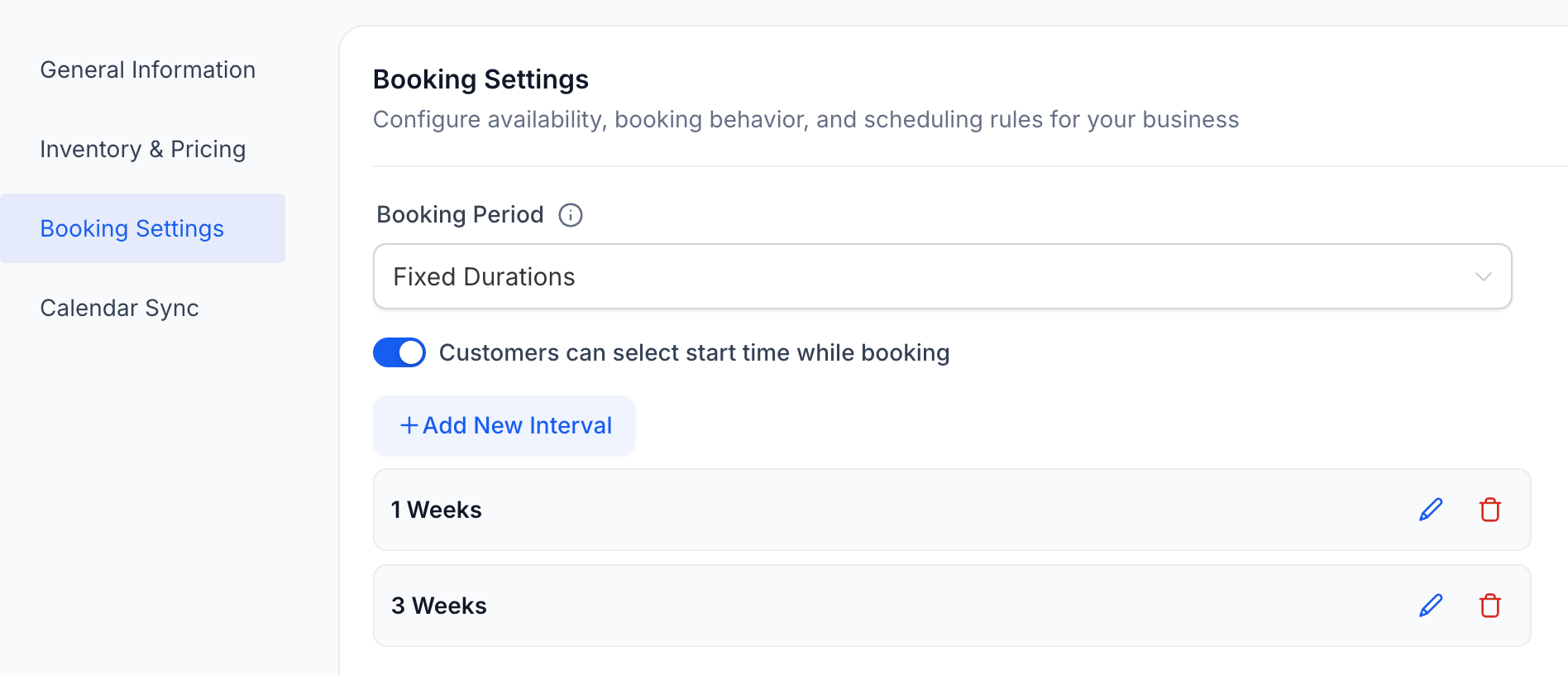 Rentals Booking Period Fixed Durations