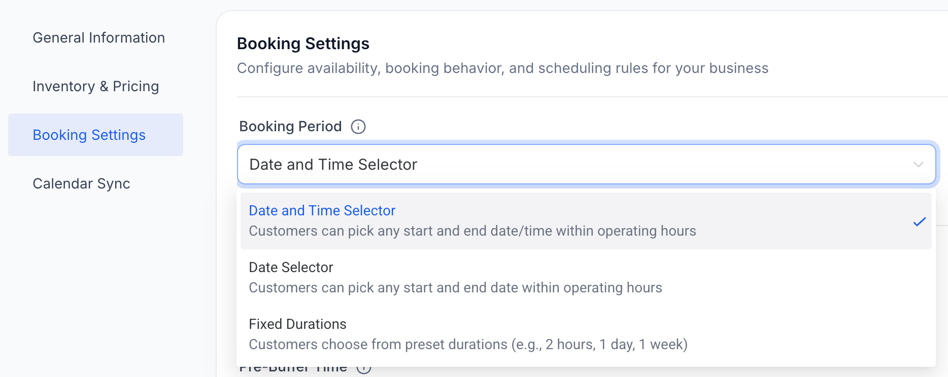 Rentals Booking Period Dropdown