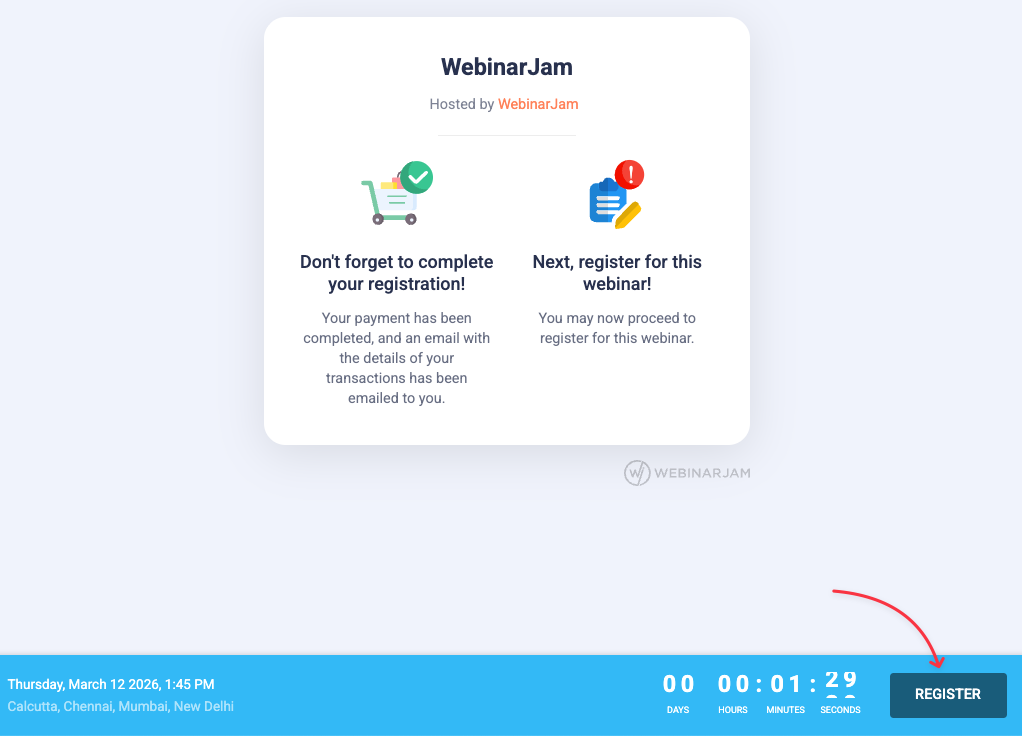 Post-payment page to complete webinar registration