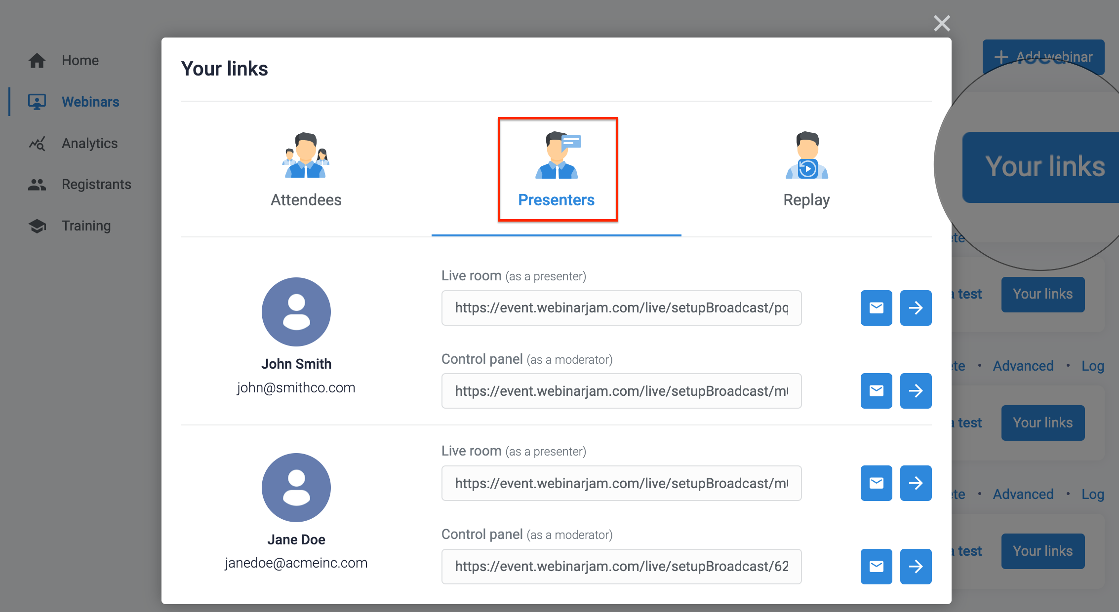 Presenter and moderator links window