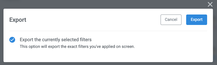 Choose export currently selected filters in the pop-up